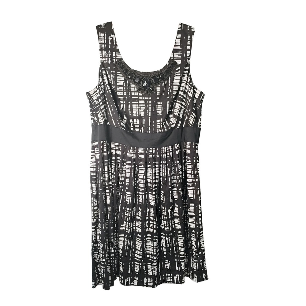 East 5th Woman Black White Plaid Dress 20W Embellished‎ Neckline Sleeveless